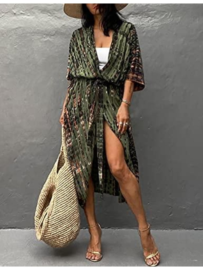 Stylish Tie Dye Open Front Long Kimono Swimsuit Cover up for Women 