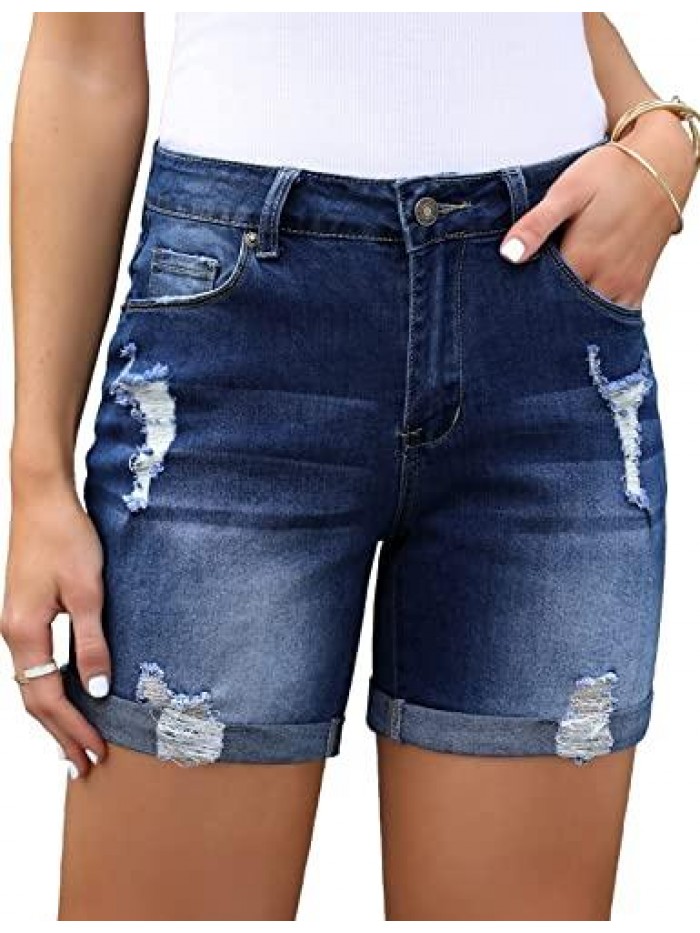 Women's Casual Ripped Denim Shorts High Rise Stretchy Summer Jean Shorts 