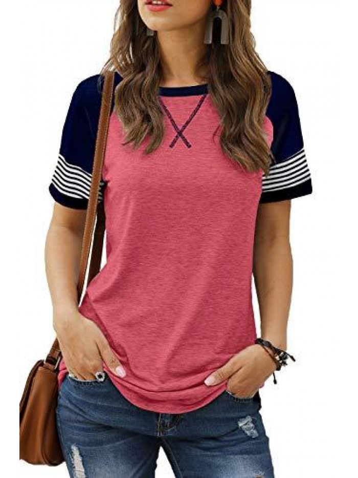 Womens T Shirts Short Sleeve Striped Color Block Leopard Casual Tops 