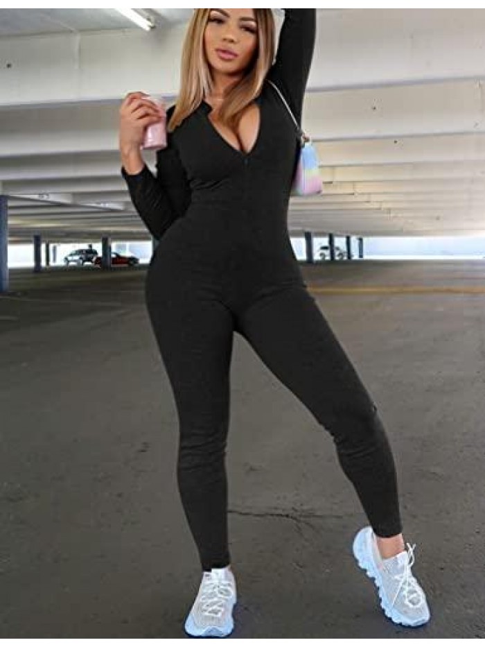 Sexy Bodycon Long Sleeve One Piece Club Outfits V Neck Zipper Jumpsuit Romper 