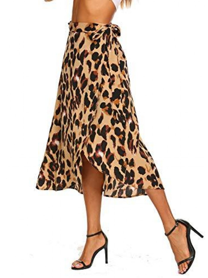 Women's Boho Leopard Skirt High Low Split Summer Beach Midi Wrap Skirts 