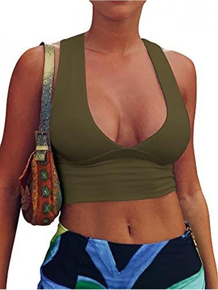 Sexy Crop Tops for Women Deep V Neck Back Cutout Sleeveless Plunge Racerback Tank Cropped Top 