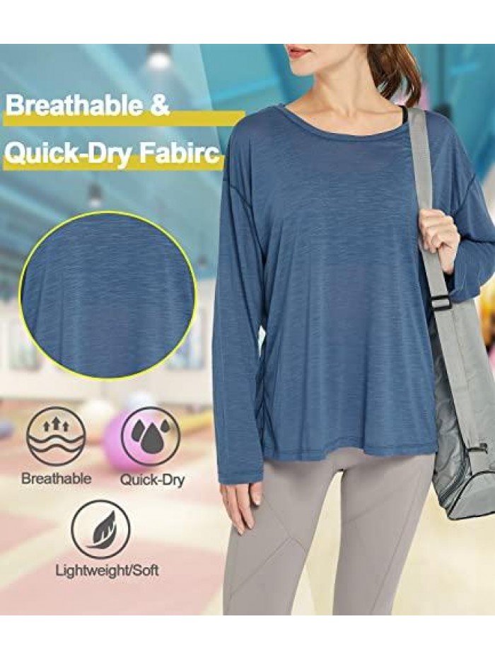 Women's Workout Tops Long Sleeve Open Back Yoga Shirts Quick Dry Tunic Loose Fit Running Gym Flowy Activewear 