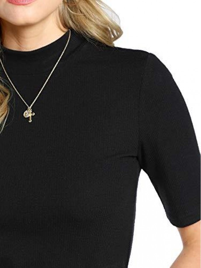 Women's Mock Neck Half Sleeve Slim Fit Ribbed Knit Tee T-Shirts 