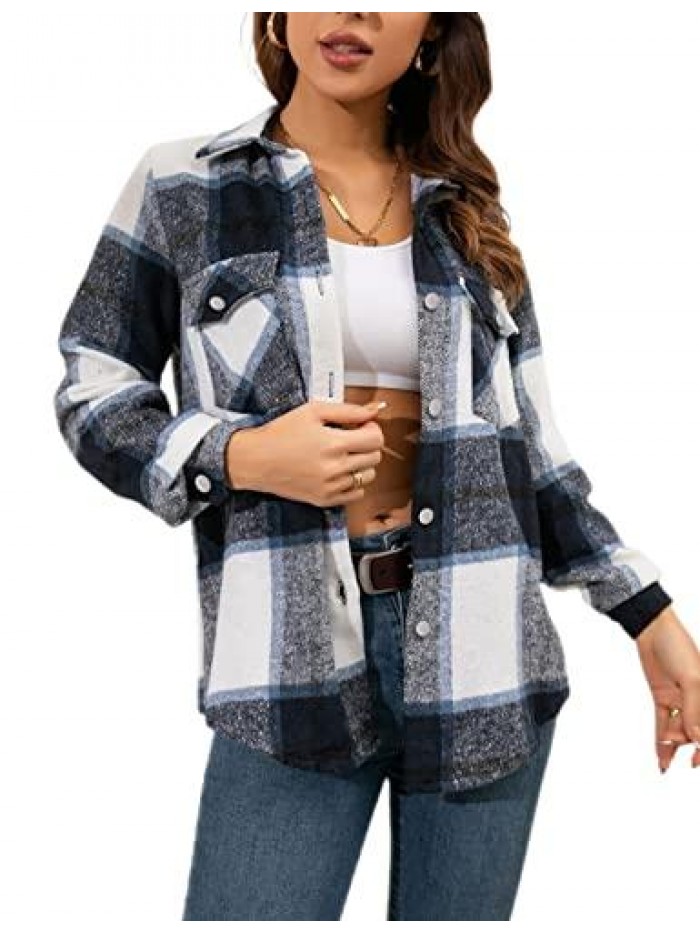 Womens Brushed Flannel Plaid Lapel Button Short Pocketed Shacket Shirts Coats 