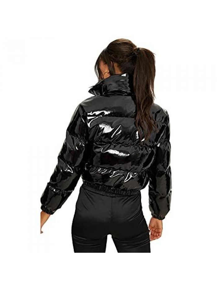 Women Colorful Patent Leather Down Jacket Long Sleeve Stand Collar Quilted Puffer Jackets Cropped Outwear 