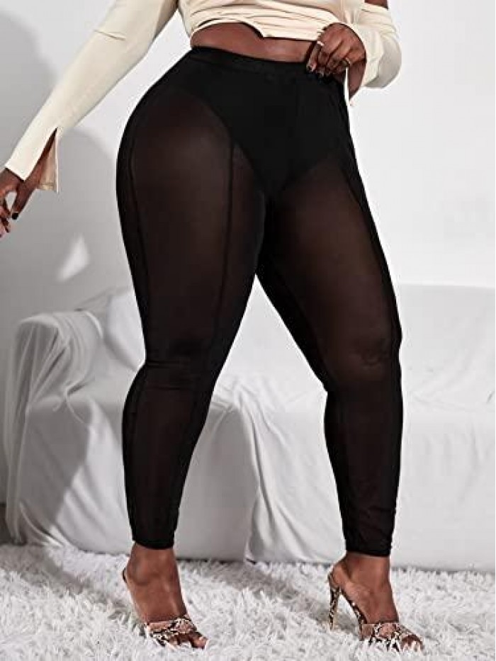 MakeMeChic Women's Plus Size Sheer Mesh High Waist Panty Lined Leggings Pants