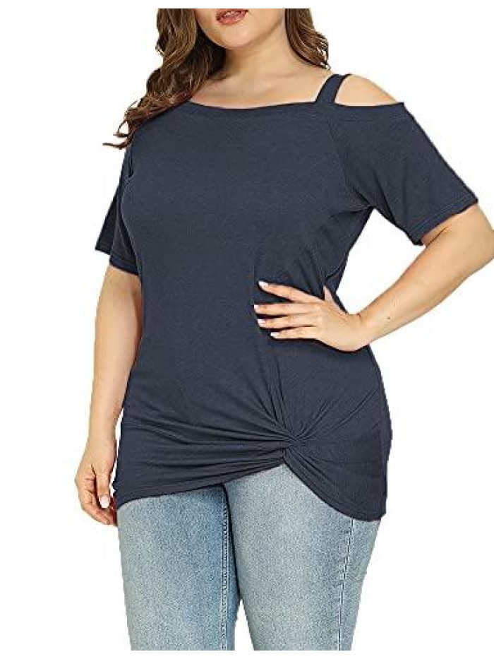 Womens Plus Size Cold Shoulder Tops Short Sleeve Summer Casual Tunics Tops Twist Knot Blouse T-Shirts 