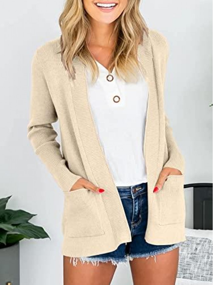 Womens Long Sleeve Casual Loose Knit Open Front Solid Soft Chunky Sweater Cardigan with Pocket 