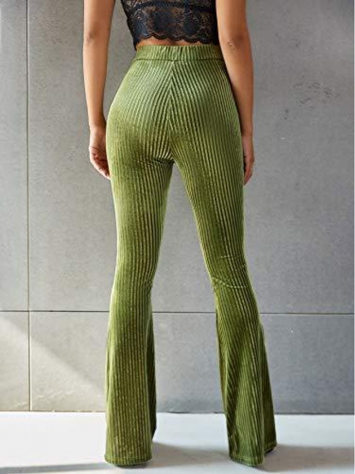 Women's Velvet Elastic Waist Flare Leg Palazzo Long Pants Trousers 