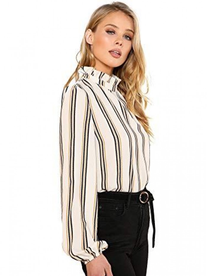 Women's Elegant Printed Stand Collar Long Sleeve Workwear Blouse Top Shirts 