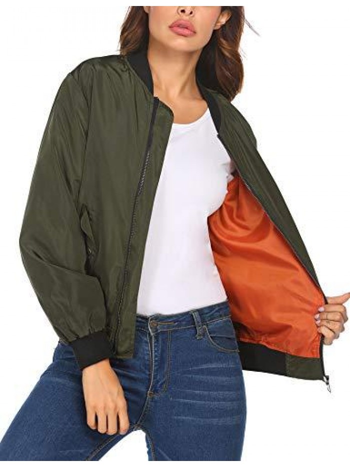 Women's Bomber Jacket Casual Solid Coat Long Sleeve Zip Up Outerwear Windbreaker with Pockets 