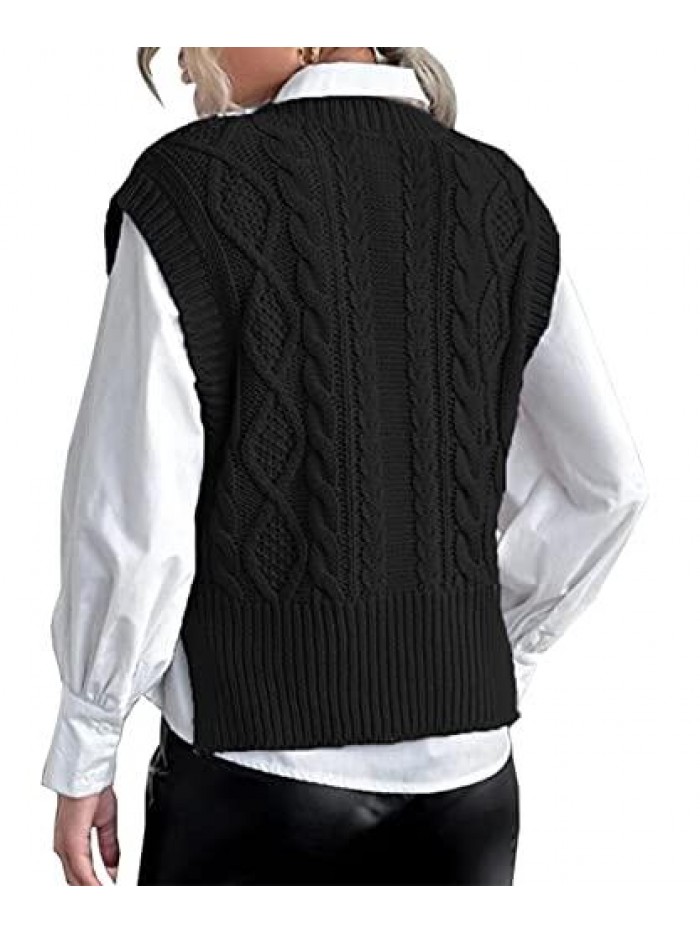 V Neck Sleeveless Crop Sweater Vest Cable Knitted Side Slit Pullover Jumper Tops 