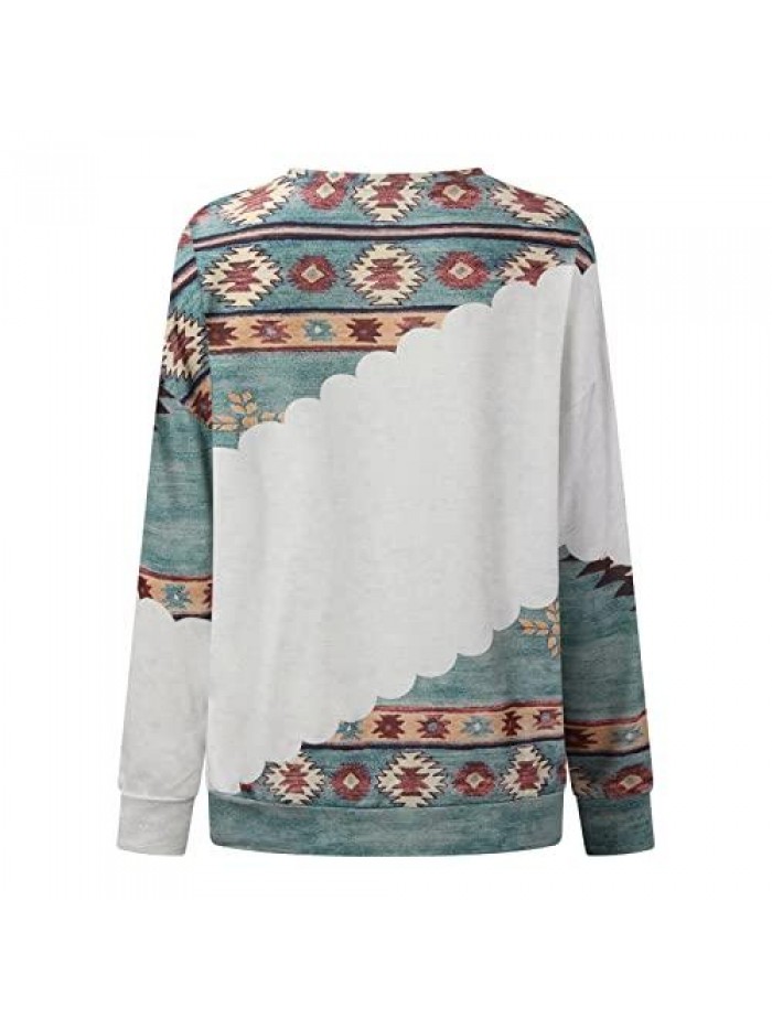 Sleeve Shirts for Women Western Aztec Ethnic Print Lightweight Sweatshirt Round Neck Long Sleeve T Shirt Casual Top 