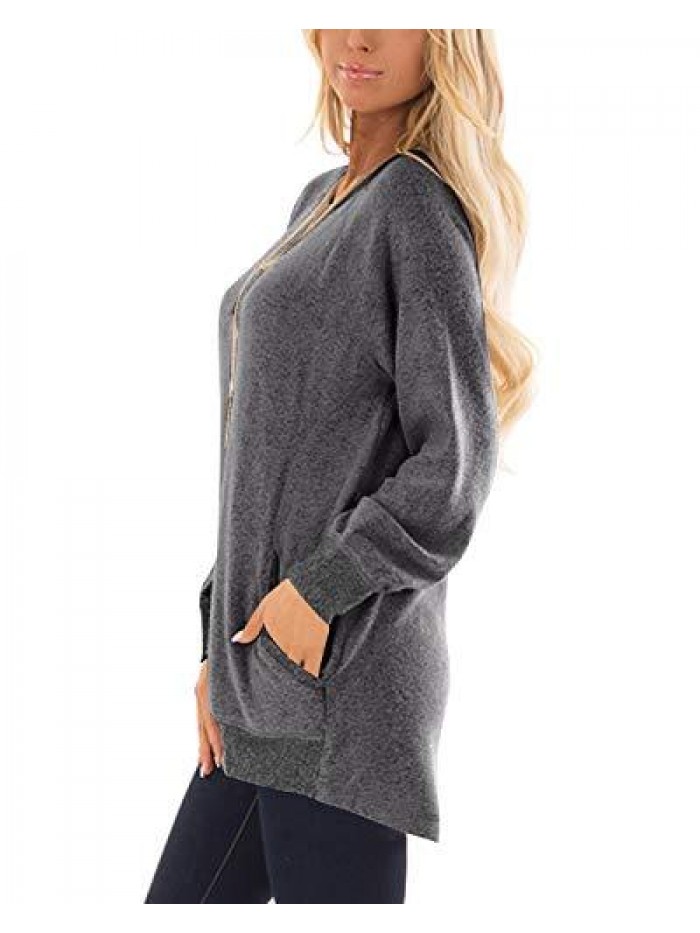 Womens Casual Color Block Long Sleeve Round Neck Pocket T Shirts Blouses Sweatshirts Tops 