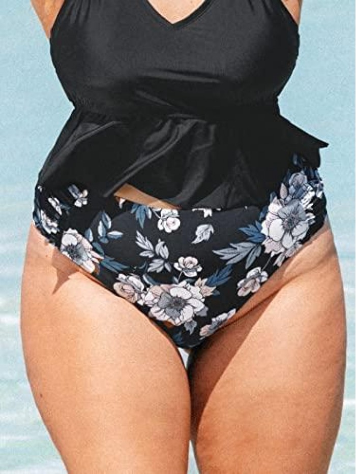 Women Floral Side Shirred Hipster Plus Size Bikini Bottom 