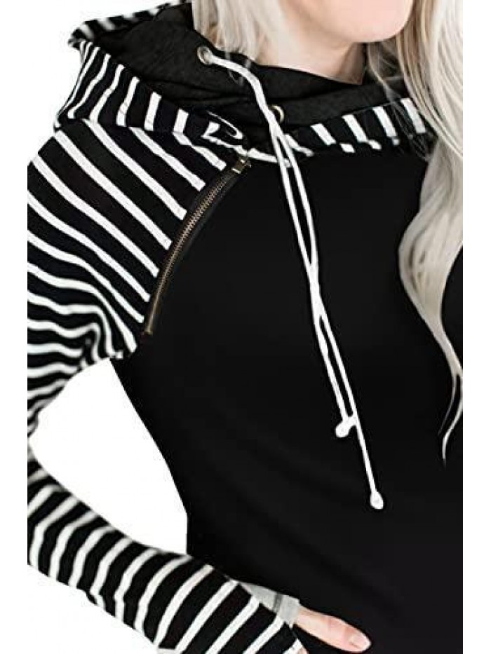 Pullover Fashion Sweatshirts Double Hooded Color Block Hoodies Casual Long Sleeve Comfort Fall Tops With Pockets 