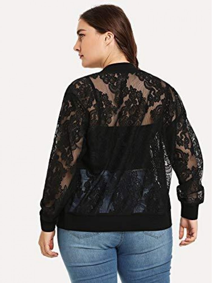 Women's Plus Size Sheer Floral Lace Long Sleeve Baseball Jacket 