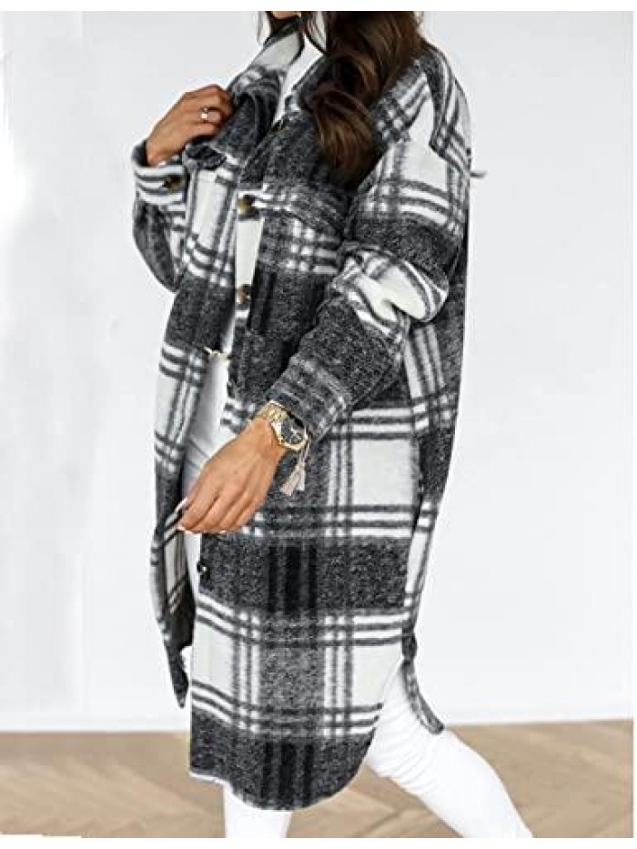 Womens Casual Lapel Button Down Long Plaid Jacket Shacket Tartan Brushed Pocketed Coat 