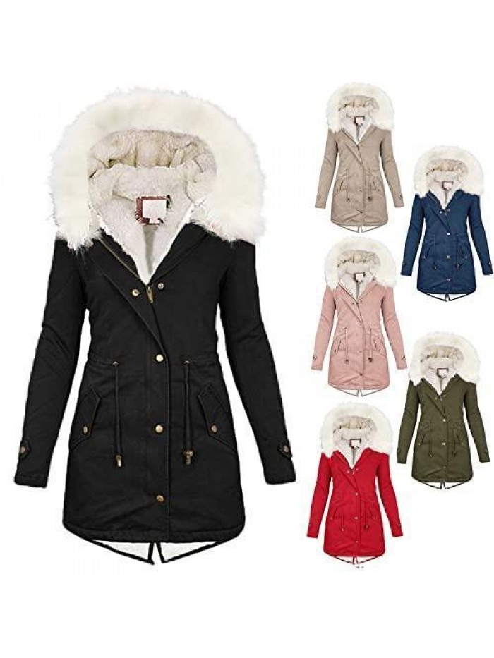Womens Coats Plus Size Overcoats with Fur Hood Fleece Chunky Jackets Zipper Button Outerwear Winter Warm Parka 