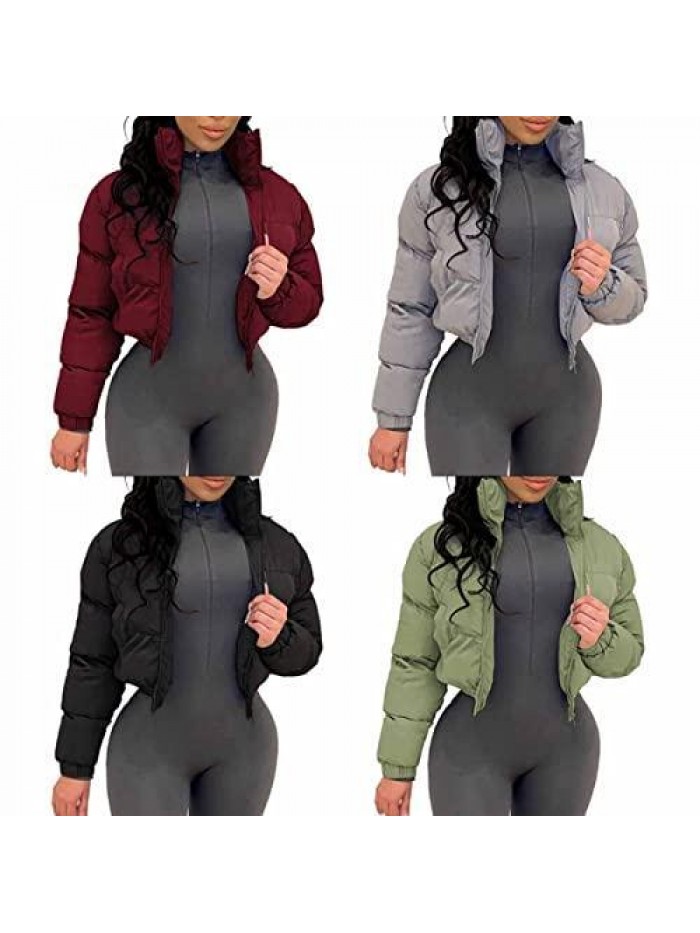 Women's Cropped Puffer Jackets Parkas Solid Color Stand Collar Zipper Puffy Bubble Down Coat Winter Outerwear 