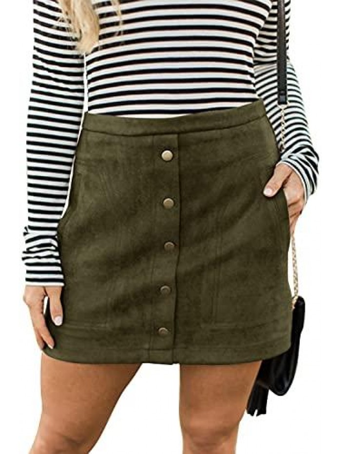 Women's Button Front Faux Suede High Waist A-line Mini Skirt with Pocket 