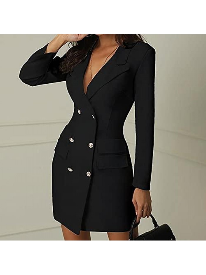 Blazer Dress for Women Bag Hip Solid Elegant Slim Fit Overcoats Long Sleeve Turndown Collar Double Breasted Outfits 