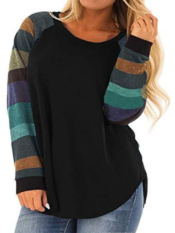 Womens Plus Size Long Sleeve Tunic Crewneck Colorblock Striped Tee Shirt 