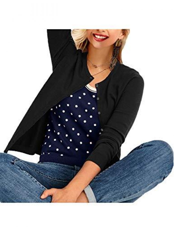 Women's Button Down Crew Neck Long Sleeve Soft Knit Cardigan Sweaters 