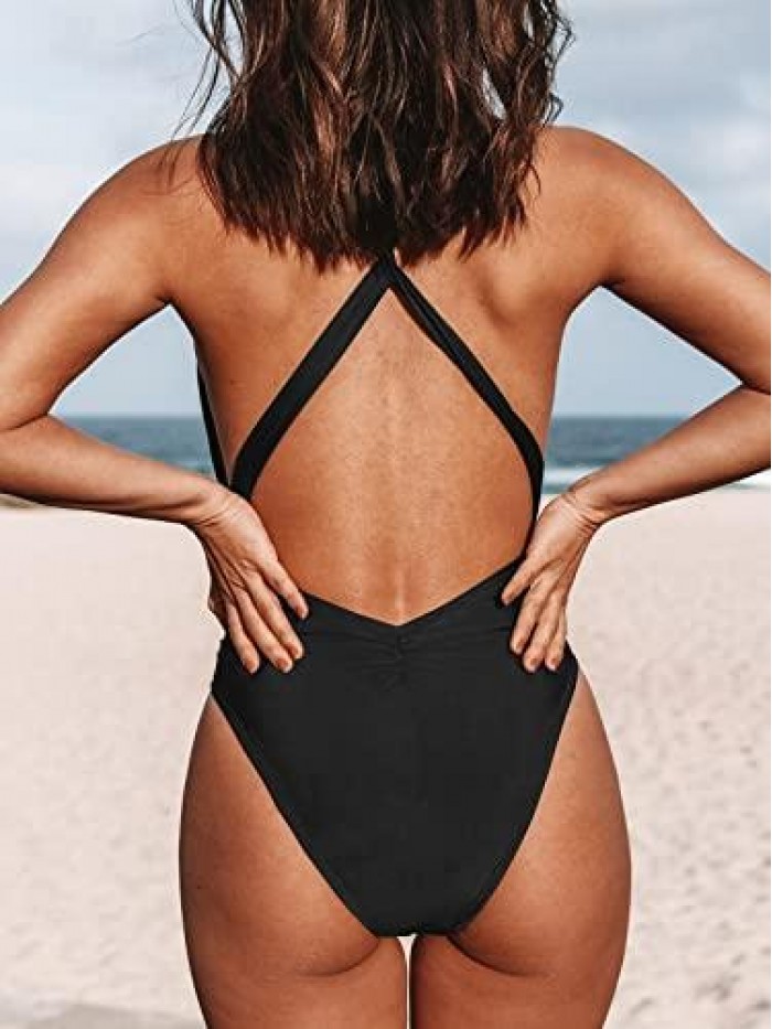 Women's Tie Front Plunging One Piece Swimsuit Removable Padding Swimsuit Black 