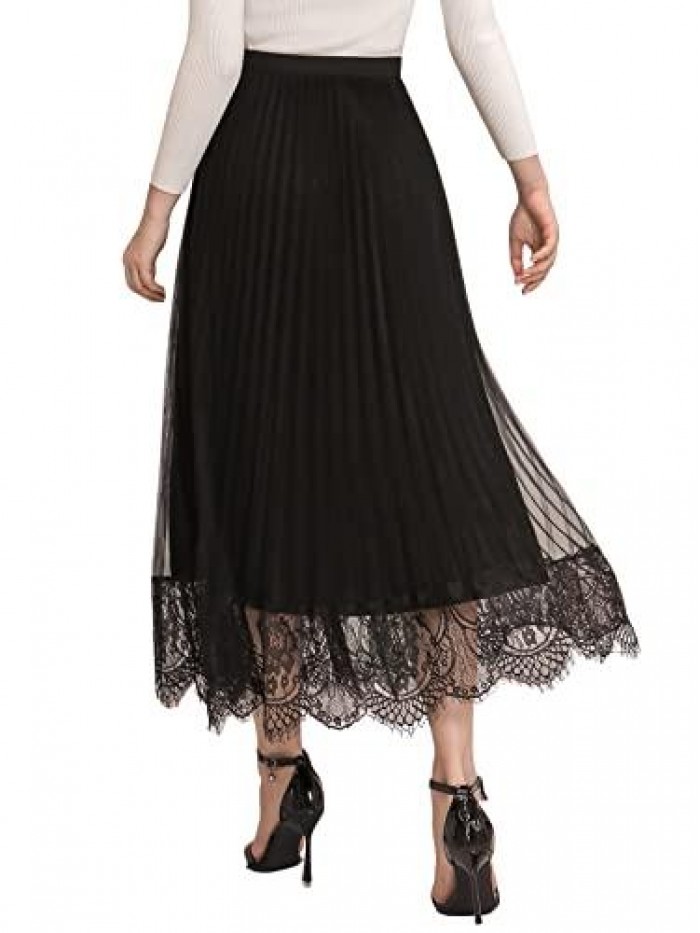Women's Elegant Lace High Waist Mesh Pleated A Line Midi Swing Skirt 