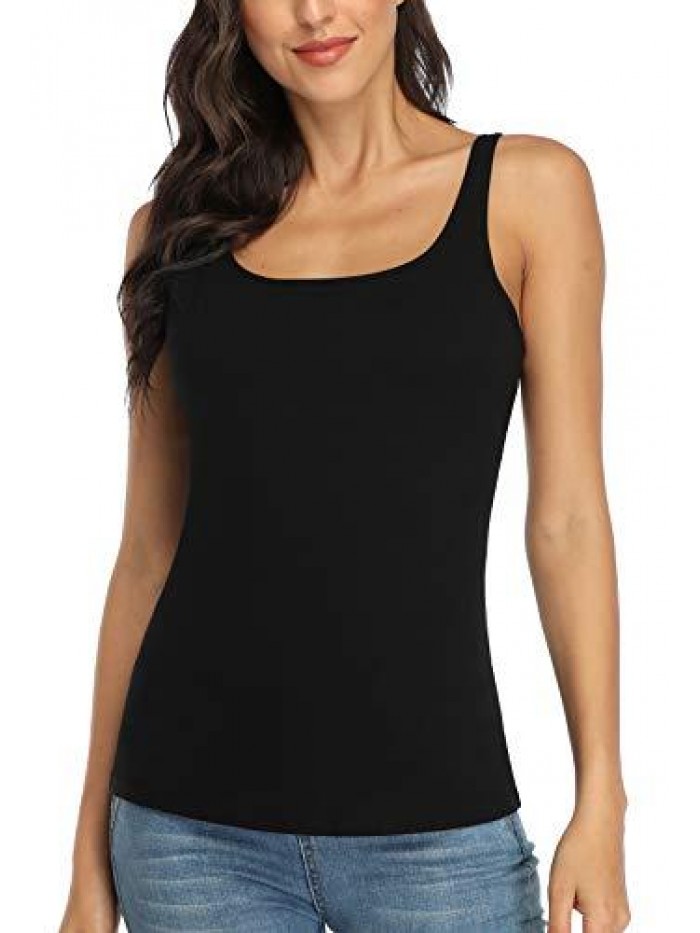 FOR CITY Women's Cotton Tank Top with Shelf Bra Adjustable Wider Strap Camisole Basic Undershirt 