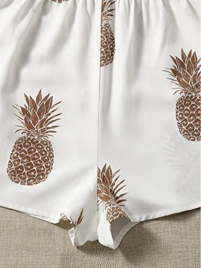 Women's V Neck Pineapple Print Wrap Backless Straps Cami Romper 
