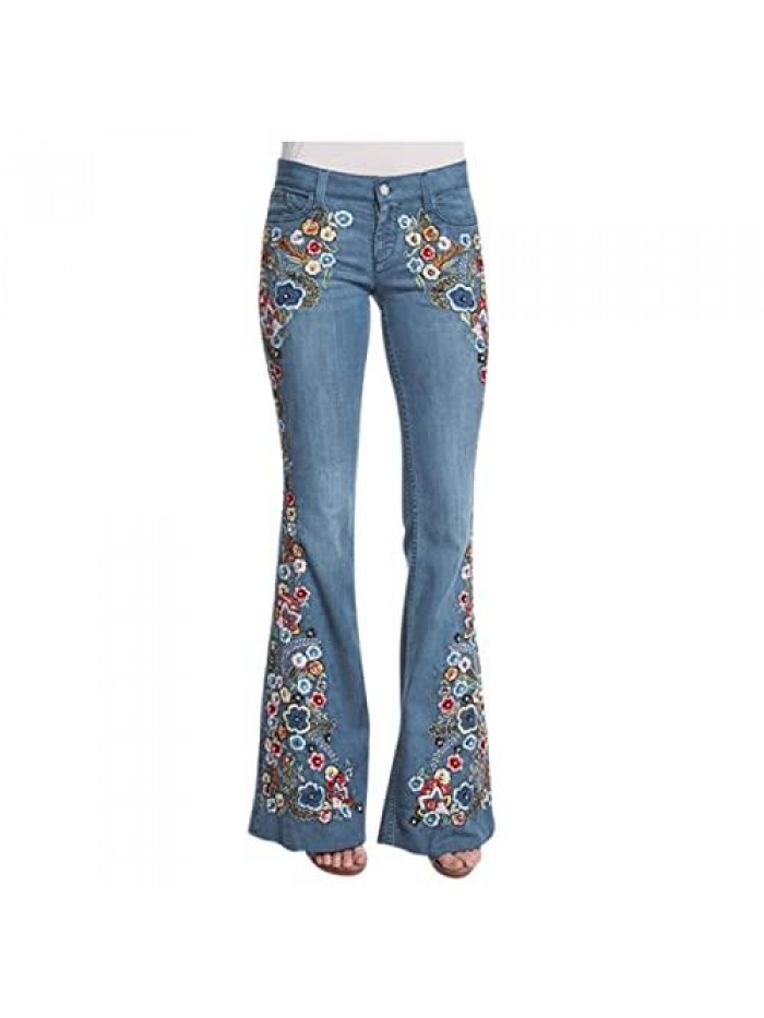 Bottom Flare Jeans for Womens Chic Floral Embroidered Broad Feet Denim Pants Girls Trend Straight Leg Jeans  