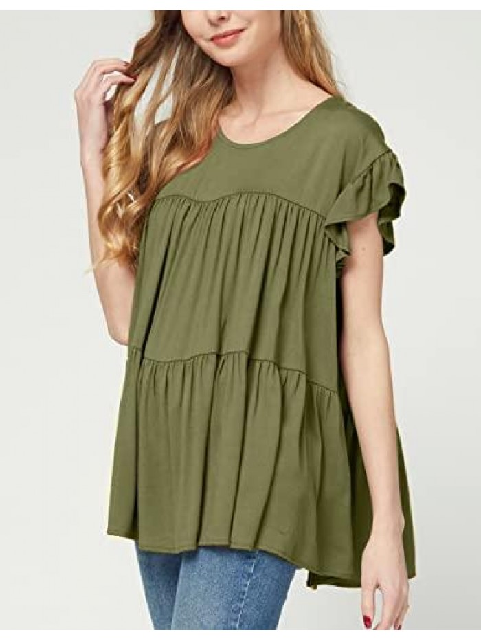 Women's Summer Ruffle Short Sleeve Tops Casual Babydoll Loose Shirts Blouse Crew Neck Solid Tunic Tops 