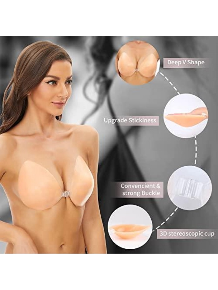 Adhesive Bra Strapless Sticky Invisible Push Up Bra for Backless Dress with Nipple Covers 