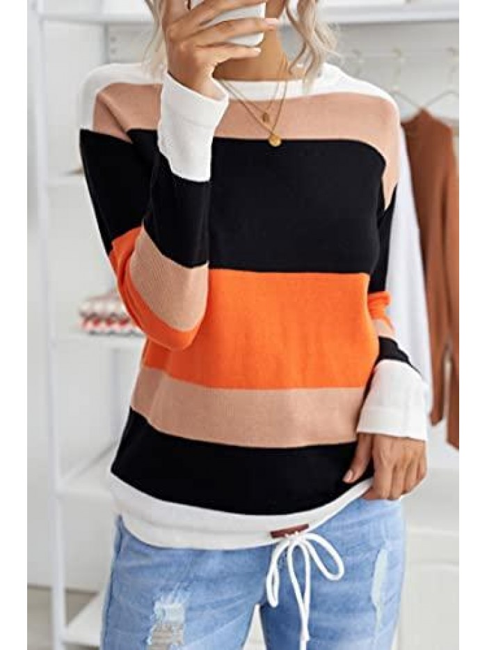 Striped Sweater Women's Round Neck Knitted Long Sleeve Color Block Drawstring Hem Pullover Sweaters 