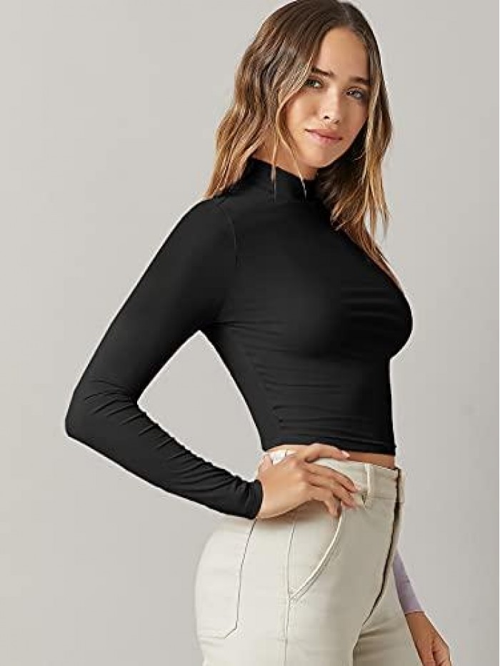 Women's Basic Mock Neck Long Sleeve Fitted Crop T Shirt Top 
