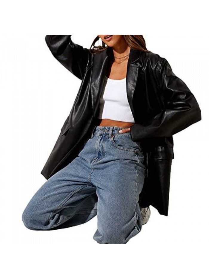 Faux Leather Jacket Long Sleeve Plus Size Top Blazers Button Coat 