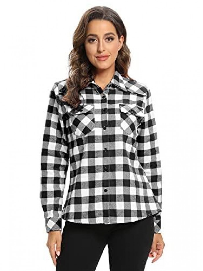 Women's Flannel Shirts Plaid Shacket, Long Sleeve Fleece Lined Shirt Jacket Winter Tops 