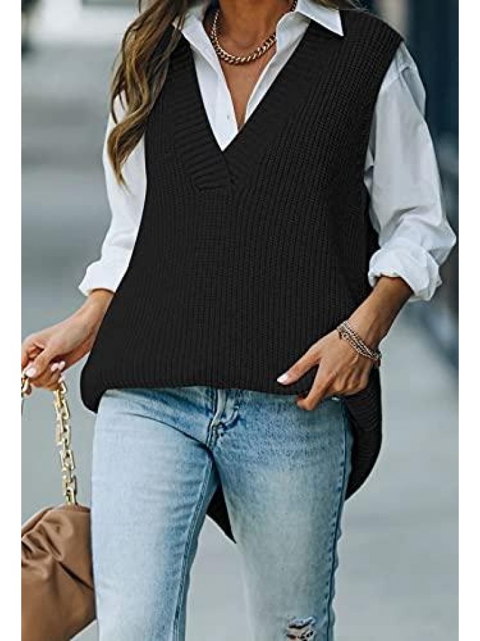 Women's Sweater Vest Chunky Knit Tops V Neck Sleeveless Pullover Sweater 