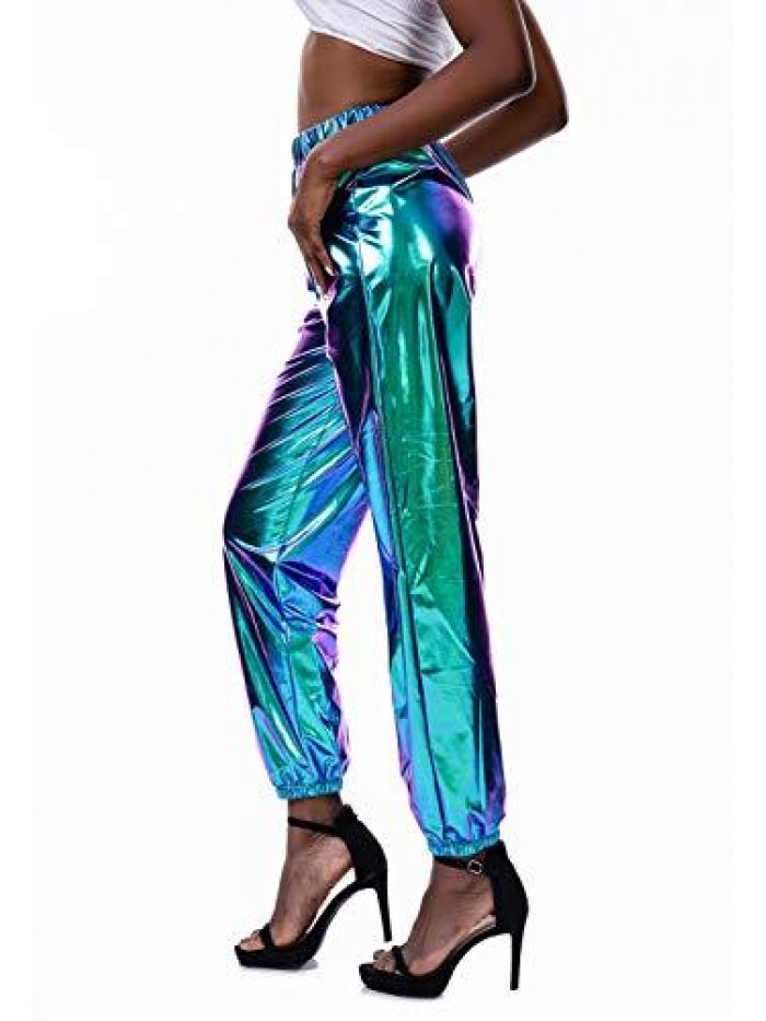 Womens Shiny Metallic High Waist Stretchy Jogger Pants, Wet Look Hip Hop Club Wear Holographic Trousers Sweatpant 