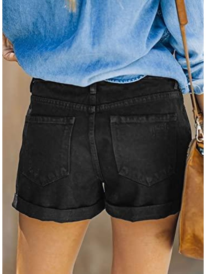Women Jean Shorts Stretchy Mid Rise Ripped Folded Hem Denim Shorts 