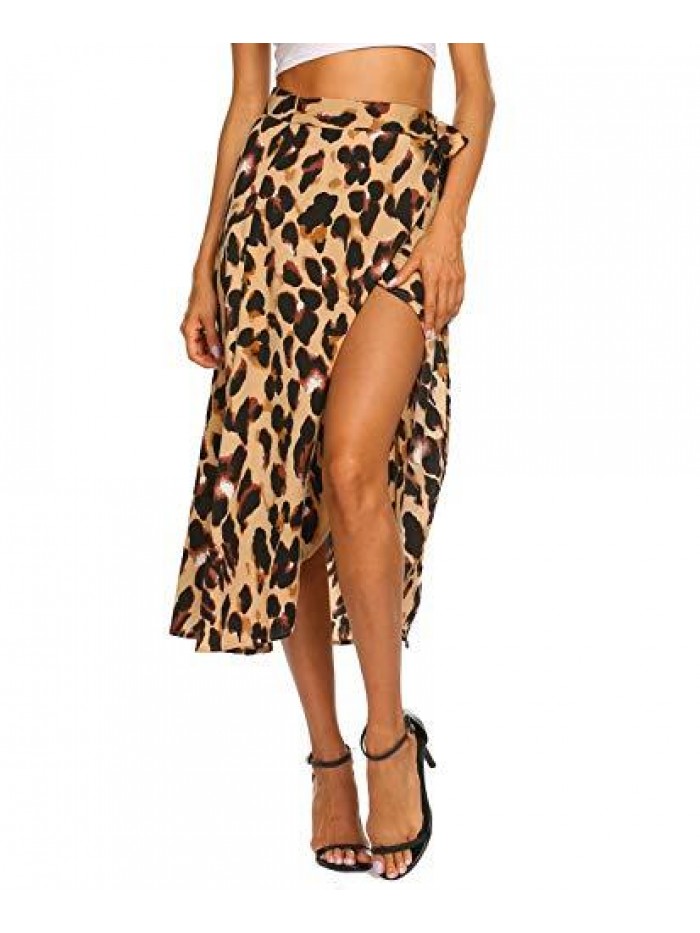 Women's Boho Leopard Skirt High Low Split Summer Beach Midi Wrap Skirts 