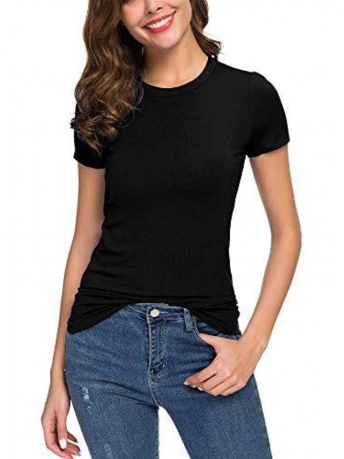 Crewneck Slim Fitted Short Sleeve T-Shirt Stretchy Bodycon Basic Tee Tops 
