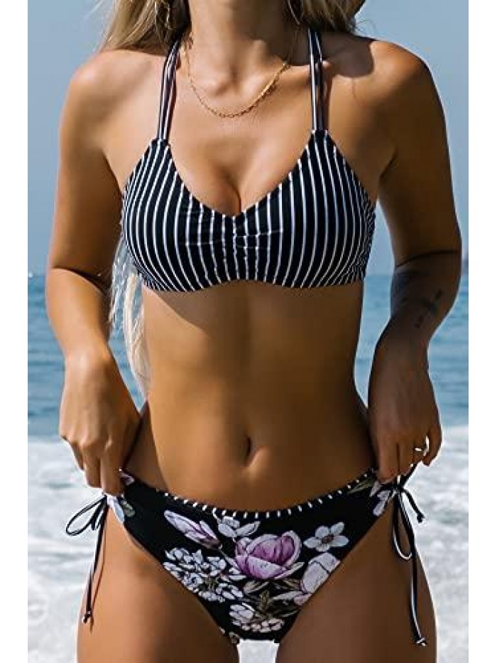 Women Back Braided Straps Bikini Sets Reversible Bottom Strappy Lace Up 2 Piece Swimsuits 