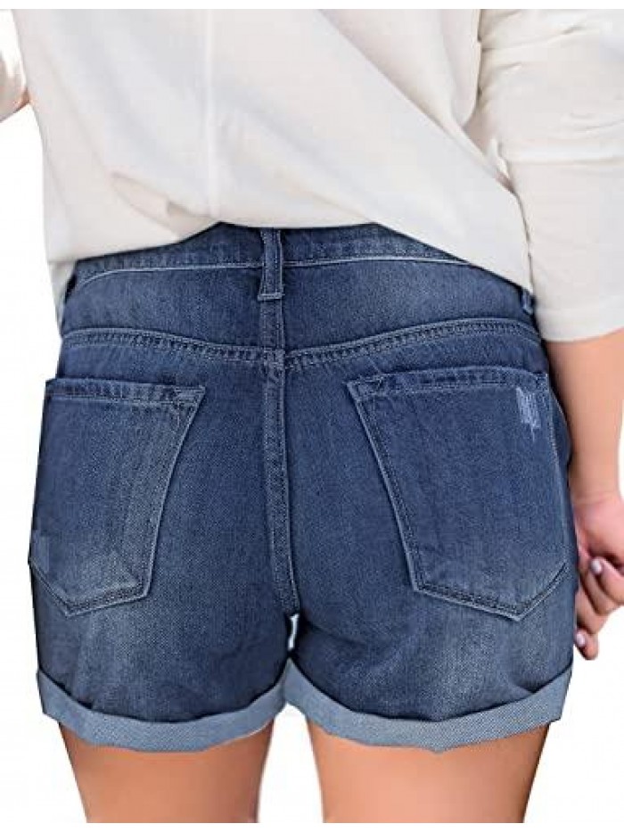 Women High Waisted Denim Shorts Ripped Button Fly Cuffed Jean Shorts 