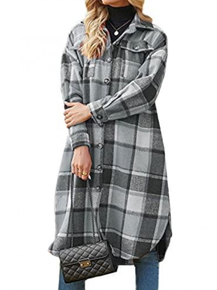 Womens Casual Flannel Plaid Button Down Jacket Long Sleeve Lapel Pocketed Shacket Coat 