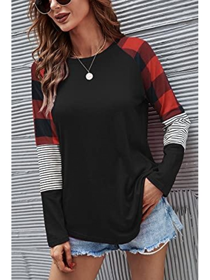 Women's Camo Color Block Tunics Casual Long Sleeve Shirt Striped Blouse Tops 