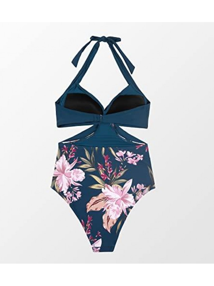 Women's One Piece Swimsuit Floral Print Wrap Halter Cutout Push Up Bathing Suit 